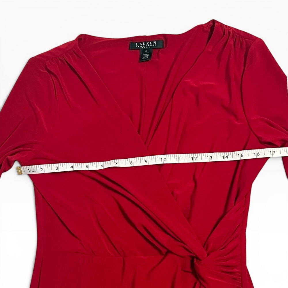 Lauren Ralph Lauren Red Ruched Ruffle Sheath Dress Long Sleeve Size 10 Stretch - Picture 6 of 11